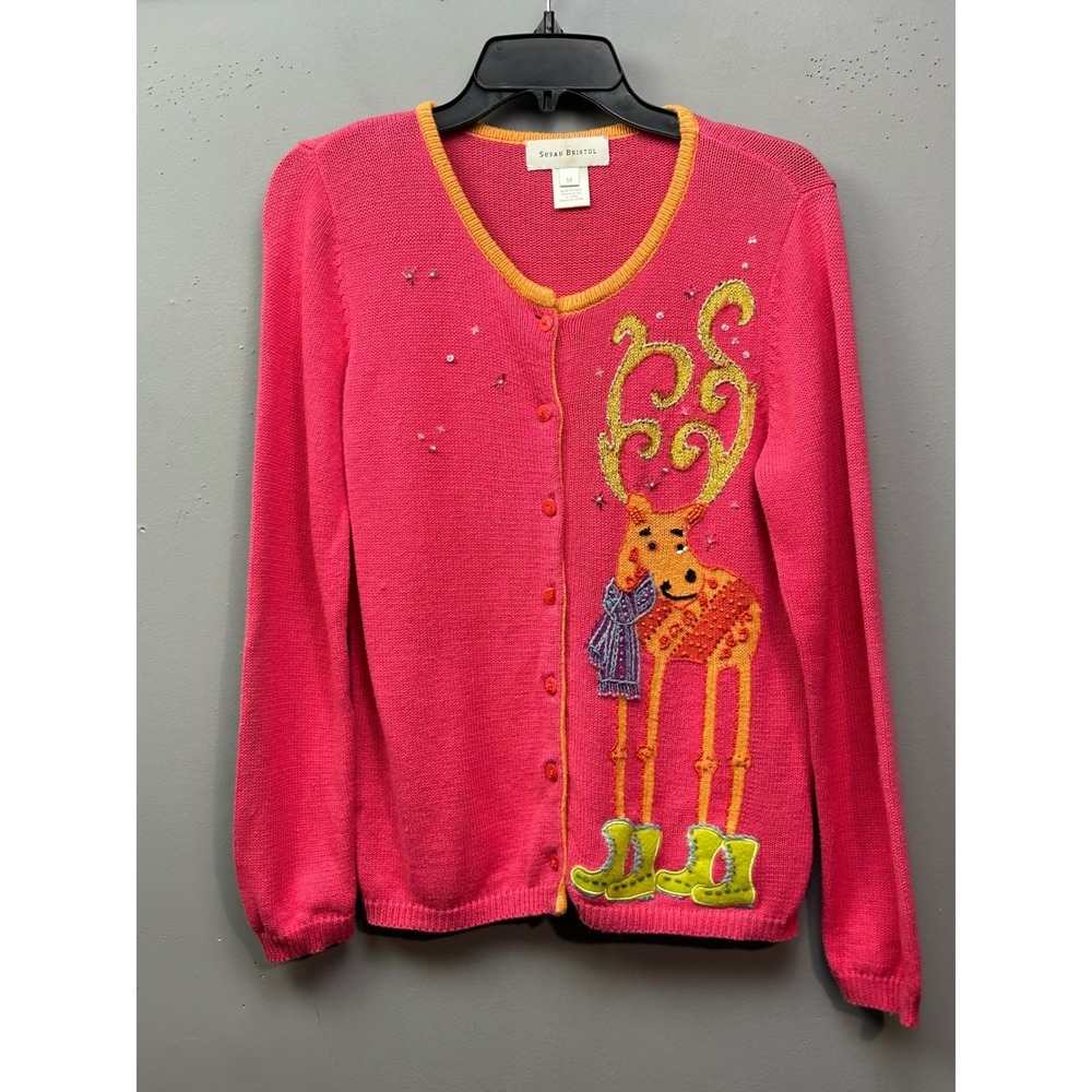 Susan Bristol Cardigan Womens M Pink Reindeer Beaded Festive Holiday Sweater